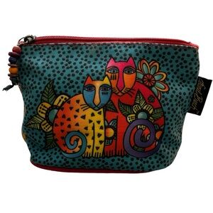 Vintage Laurel Burch multicolored cat cotton makeup bag, wood bead zip pull